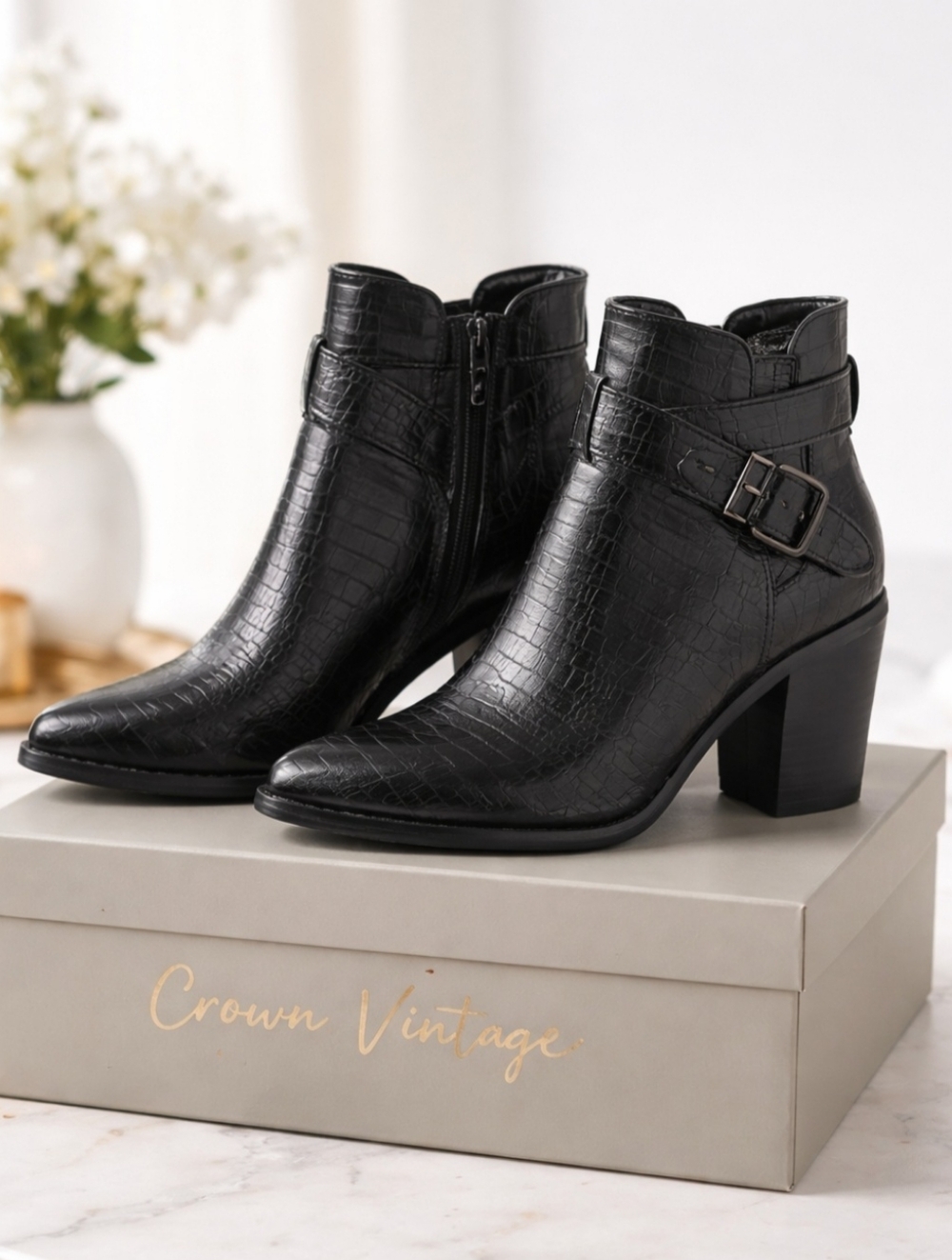 Crown Vintage Black Croc-Embossed Buckle Ankle Boots